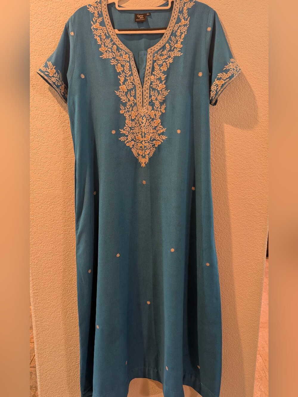 Gypsy Rose Stitch Crafts Embroidered Caftan Dress Size 36 Blue Boho Maxi Pocket